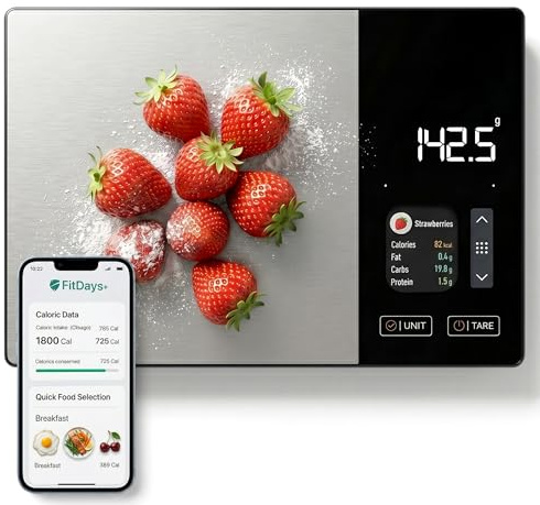 Douce Maison Balance Cuisine Alimentaire Calcul Calories Protéines Glucides Lipide | Balance de Cuisine Nutritionnelle Précision 1g | Écran TFT Couleur, 50+ Aliments Intégrés, App Fitdays+ iOS/Android