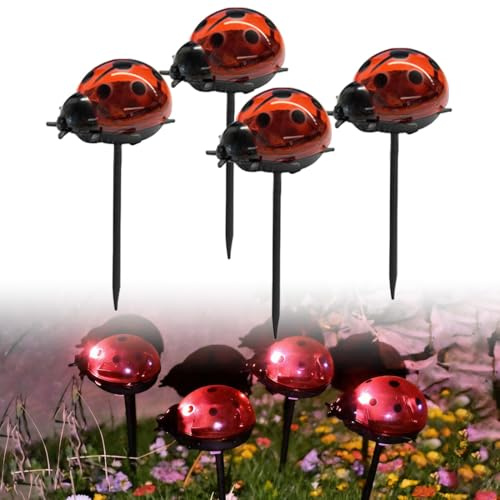 WRQIOO Solar Lights Outdoor Garden, 4Pack Ladybird Solar Stake Lights, Waterproof Ladybird Garden Ornament for Flowerbeds Borders Driveway Pathway Lighting Outdoor Decorations