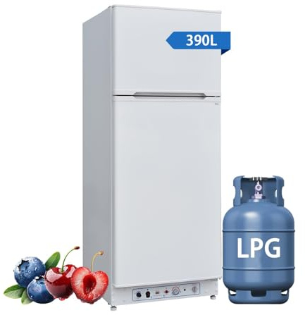 Techomey Gas Kühlschrank mit Gefrierfach 380L, Camping Kühlschrank Lautlos,Kühl-Gefrier-Kombinationen,21dB,Großes Gaskühlschrank für Wohnmobile,Wohnwagen,Outdoor,Reisen,Küche,Weiß