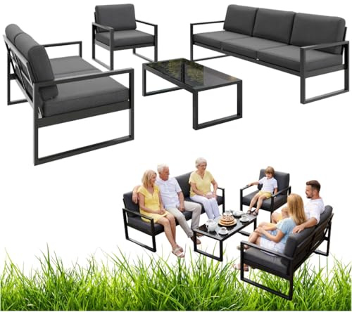Beautysofa24 Stella Gartenmöbel Set 6-Sitzer Lounge Set Wetterfest Outdoor Sitzgruppe 3er Sofa 2er Sofa Sessel Beistelltisch Glas Terrassenmöbel Modern Garten Terrasse, Graphit