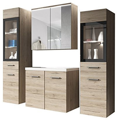 Udine II Ensemble de meubles de salle de bain avec lavabo et siphon, salle de bain moderne, armoire à miroir, lavabo, meuble haut (avec éclairage LED blanc, San Remo)