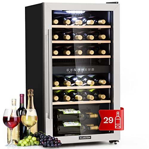 Klarstein Cantinetta Vino, Cantinetta Vino Refrigerata a Zona Doppia per Interno/Esterni, Frigo Bar, Cantina Vino con Vetrina, Mini Bar con Protezione UV, Frigo Vino Touch, 5-22°C, 29 Bottiglie
