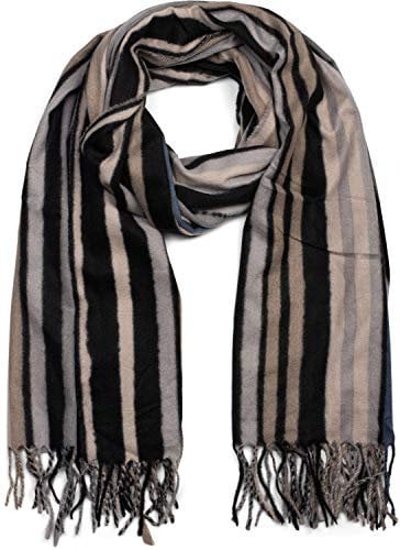 styleBREAKER Unisex Schal mit buntem Streifen Muster und langen Fransen, Colour Blocking, Winter, Stola 01017113, Farbe:Grau-Beige-Blau