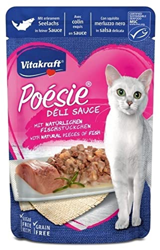 Vitakraft Poésie Délice Weide, Nassfutter für Katzen mit Fleischstücken in Sauce, Sorte, Pollack, 85 g