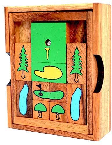 Khun Pan Golf, Escape Knobelspiel medium in Einer Holzbox, Knobelholz Schiebespiel für Golf Spieler, Golf Knobelbox, Khun Phaen, Ausparken, Konzentrationsspiel, Unterhaltungsspiel, Reisespiel,