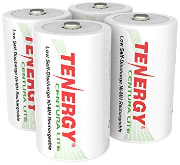 Tenergy Centura Lite 1.2V NiMH Rechargeable D Battery, 3000mAh Low Self Discharge D Cell Batteries, Pre-Charged D Size Battery, UL Certified, 4 Pack