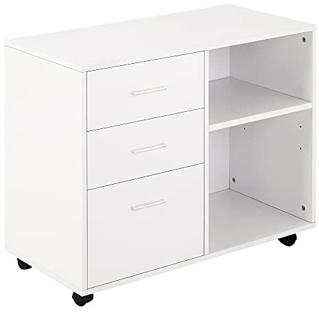 HOMCOM Freestanding Printer Stand Unit Office Desk Side Mobile Storage w/Wheels 3 Drawers, 2 Open Shelves Modern Style 80L x 40W x 65H cm - White