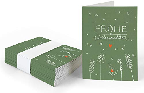 25 Geschenkanhänger frohe Weihnachten! Grün Weiß Rot, originelle mini Weihnachtskarten zum Weihnachtsgeschenke Beschriften, exklusiv individuell verspielt, A7 Recyclingpapier Klappkarten