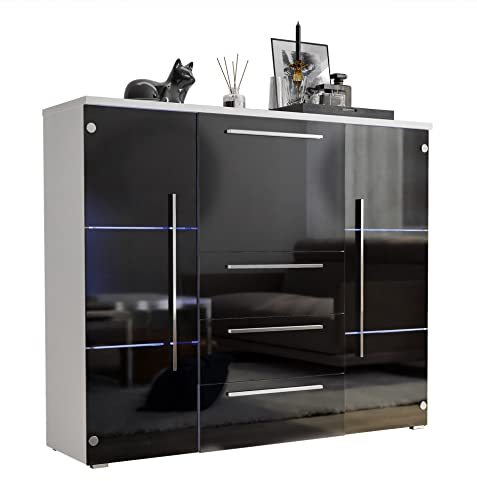 lukmebel Kommode BARI Hochglanz mit Schubladen und Barfach Wohnzimmer Wohnzimmerschrank LED kostenlos HG Highboard Sideboard Schrank Schlafzimmer Schrank Mehrzweckschrank (Weiß/Schwarz + Schwarz)