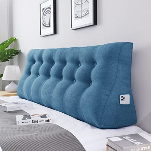 VERCART 55cm Hoches Dickes Rückenkissen Lang Keilkissen Rückenlehne Kissen Großes Wandkissen Lesekissen Nackenstüzkissen Lendenkissen für Bett Kopfteil Gepolstert mit Waschbar Bezug Leinen Blau 180cm