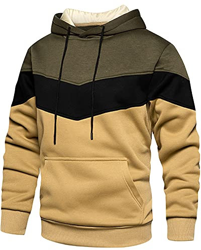 MANLUODANNI Herren Hoodie, Men's Kapuzenpullover Patchwork Pullover mit Kapuze Casual Sweatshirt Classic Farbabstimmung Rundhals Armeegrün Khaki XL