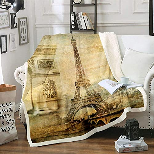 Eiffelturm Fleece Decke für Sofa Couch Bett Paris Cityscape Flanell Plüschdecke Modern Paris Französisch Stil Sherpa Decke Room Decor Wohndecke Retro Vintage Style Fuzzy Decke 150x200cm