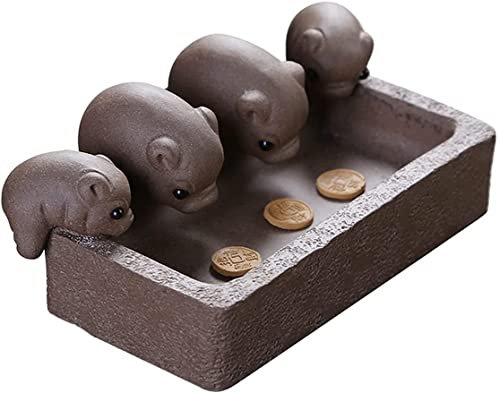 SILINE Yixing Zisha Tea Pet,Cute 4 Pig Statues Purple Clay Animal Figurine Planter Pot,Chinese Tea Tray Accessories Ornament