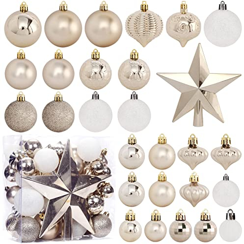Weihnachtskugel-Ornamente, 52 Stück, champagnerfarben, Ornamente für Weihnachtsbaumdekoration, Kunststoff, bruchsicher, Weihnachtsbaumschmuck, Kugel-Set für Kranz, Girlande, Hochzeit, Party, Innen-