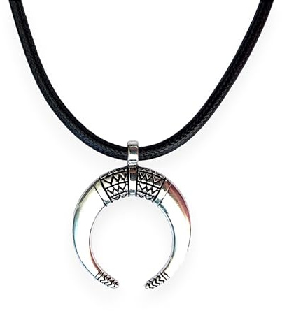 ASTER ALHELÍ - Collier Femme de Lune Ethnique Inversée en Argent Antique - Pendentif en Corne d'homme et de Femme Avec Cordon en Cuir Noir Ciré et Fermoir en Acier - Idéal pour les Cadeaux