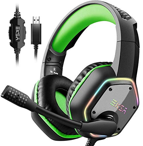EKSA E1000 USB Gaming Headset for PC-Computer Headphones with Microphone/Mic Noise Cancelling, 7.1 Surround Sound Wired Headset & RGB Light - Gaming Headphones for PS4/PS5 Console Laptop (Black Green)