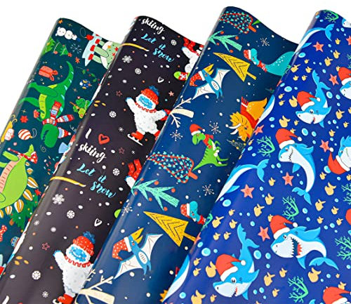 Titiweet Weihnachts-Geschenkpapier für Kinder, Dinosaurier-Hai-Tiere, 12 Blatt, 50,8 x 71,1 cm pro Blatt