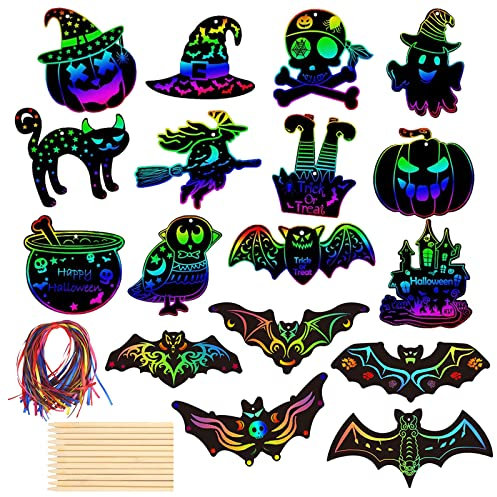 Hpbaggy 49Stk Halloween Kratzbilder,Kratzen Regenbogen Bastelset,Kinder Bastelset mit Holzstäbchen und Bänder Kratzbild,Kürbis Schädel Eule Hexe,Kratzbilder Set für Mädchen Jungen Geschenk