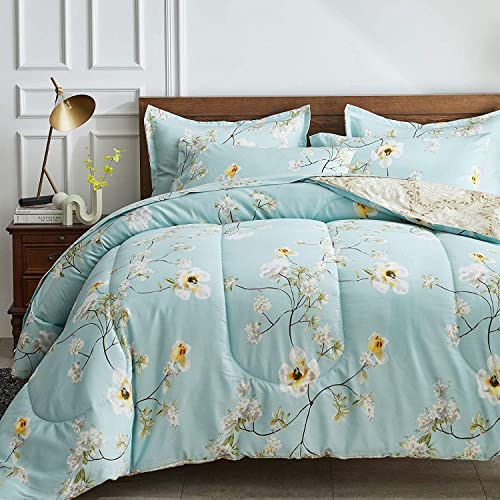 Lanqinglv Wende Bettdecke 155x220 2er Set Ganzjahresdecke 4 Jahreszeiten,Weiß Blau Blumenmuster Steppdecke für Allergiker Zudecke Schlafdecke Duvet 155x220cm,2 Decken + 2 Kissenbezug 80x80cm