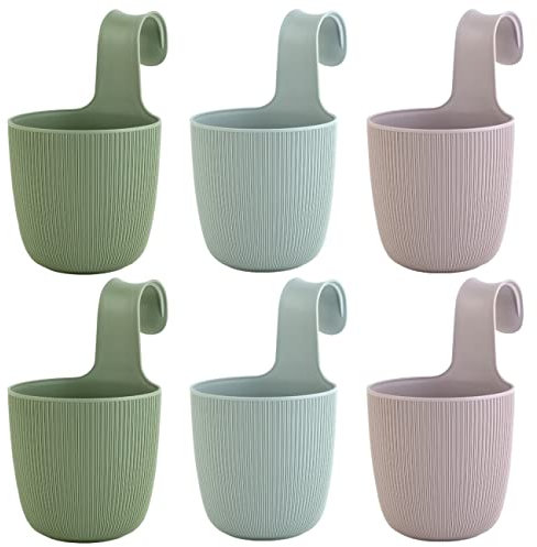6 x Blumentopf zum Hängen, integriertes Drainagesystem, Farbmix: Moosgrün, Pastellgrün, Fliedert, Ø 15 cm, Pflanztopf-Kübel, Hängetopf, widerstandsfähig, rund, wetterfest, Kunststoff