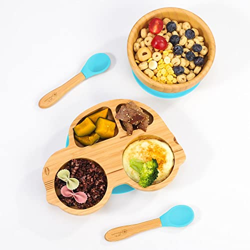 Vinsani Bamboo Car Plate Bowl and Spoon Set for Baby Toddler Kids Children, Suction Plate, Stay-Put Non-Slip Base Design, Hypoallergenic, Food-Grade Silicone and BPA-Free Baby Feeding Set (Blue)