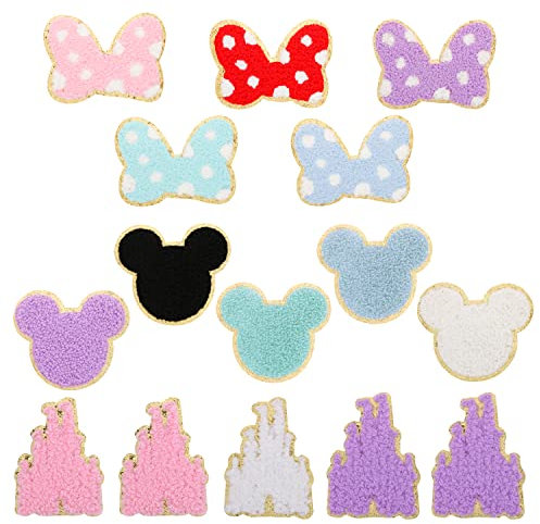 15 PCS Colorful Bowknot Mouse Chenille Iron on Patches, UHOMENY Cute Castle Bow Mouse Embroidered Patches Set Sew on Embroidered Applique Gold Trim Butterfly Patches Iron on Patches for Clothing DIY