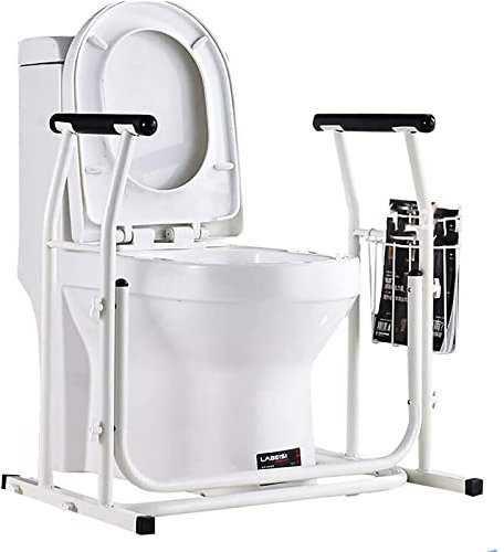 Apoyabrazos WC Portátil Inodoro y Hogar Marco de soporte de WC ajustable en altura con cesta de almacenamiento Barra de barandillas de seguridad de WC portátil para personas mayores con discapacidad,