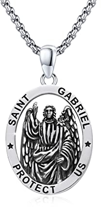 OHAYOO St Gabriel Anhänger Halskette 925 Sterling Silber Amulett Erzengel von Gabriel Medaille Schmuck für Männer Frauen mit 3mm 22+2 Kette
