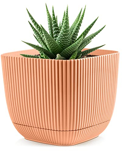 Konzept 11 - Pot de Fleurs d'Intérieur et d'Extérieur 0.68l, Jardinière carrée en Plastique avec Soucoupe (Réservoir d'eau) Rose 11x11x9.5 cm - Différentes Couleurs et Tailles du Bac