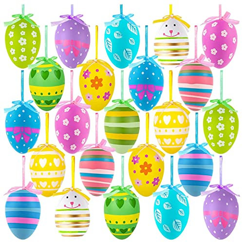 Ashuxxn Ostereier zum Aufhängen Bunte Ostereier zum Aufhängen Kunststoffeier Ostereier mit Punkten und Streifen Plastik Ostereier Deko Outdoor Ostereier für Innen und Außen Osterdeko (24 Stück)