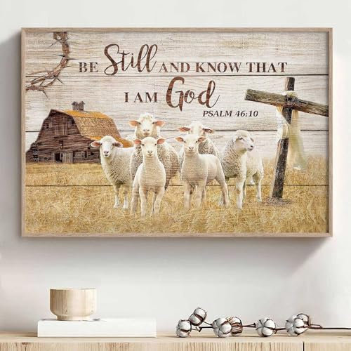 Kunstdruck auf Leinwand mit Aufschrift Be Still and Know That I Am God, rustikales Hausgemälde, christliches Kreuz, Landhausstil, Poster, christliches Bauernhaus, Wandkunst für Wohnzimmer, 40,6 x 61