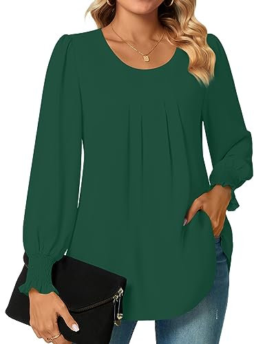 Bestbee Womens Long Sleeve Tunic Tops Dressy Chiffon Blouses Crew-Neck Smocked Cuffs Sleeve Shirts Casual T-Shirts Ladies Pleated Tops, Dark Green, 2XL