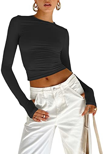 OYIGELZ Long Sleeve Tops Women's Basic T-Shirt Long Sleeves Crop Top Y2K Slim Fit Casual Round Neck Tee Shirt Streetwear(Black-b,M)