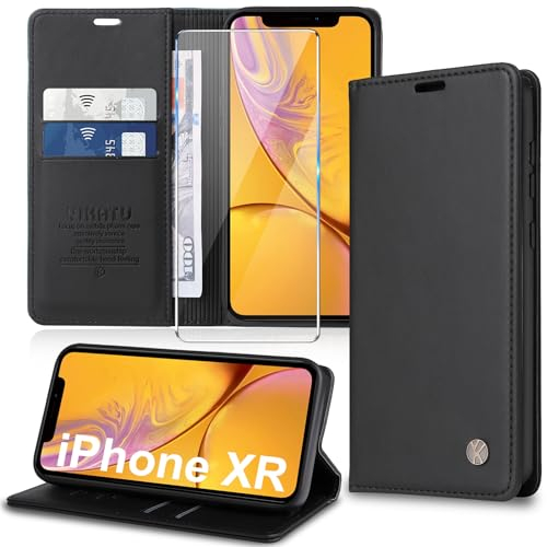 Migexxkj Handyhülle für iPhone XR Hülle [mit Schutzfolie][Premium PU Leder] Klapphülle Kartenfach Magnetic Ständer Flip Case Cover Etui Tasche Schutzhülle für iPhone XR 6.1“ (Black)