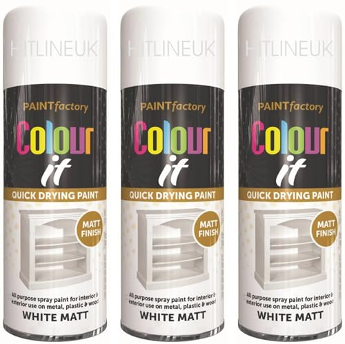 HitlineUK 3 X SPRAY PAINT WHITE 400ML WHITE MATT FINISH SPRAY PAINT DECORATE WOOD METAL PLASTIC INTERIOR/EXTERIOR