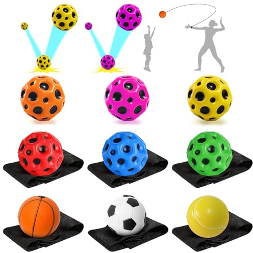 Tianher Ball mit Schnur, 9 Stück Jump Ball springball for Kinder Moon Ball Handgelenk Ball Mit Schnur for Kids Party Gift