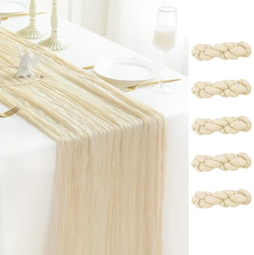 Sioloc 5 Stück Beige Mulltuch Tischläufer 90x300 cm Boho Gaze Läufer für Herbstdeko, Hochzeit, Party, Baby Bridal Shower, Geburtstags Tischdekoration