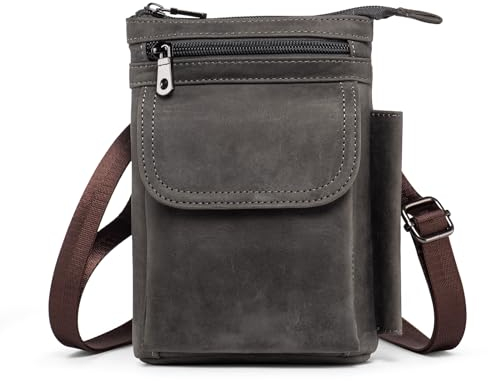 Hengwin Multifuncional Cuero Genuino Cremallera Bolsillos Hombres Vintage Look Bolso Bolso de Hombro teléfono cinturón Bolsa teléfono Funda para Viajes Actividades al Aire Libre (Gris)