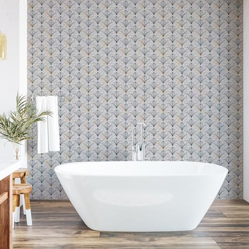 ABAKUHAUS Art Déco abziehbare & klebbare Tapete für Zuhause, Einfache Blüten Nostalgie, selbstklebendes Wohnzimmer Küchenakzent, 33 cm x 90 cm, Smaragdgrün Warme Taupe Sand