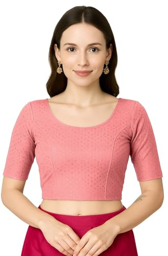 Jaanvi fashion Damen Rundhals-Ausschnitt reine Baumwolle Dobby Ellenbogenärmel Readymade Saree-Bluse