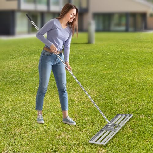 Rastrillo de nivelación de césped, rascador de césped de jardín, ángulo de rotación de 180°, herramienta de nivelación de césped sin esfuerzo, mango de acero inoxidable, rastrillo Gardena para patio,