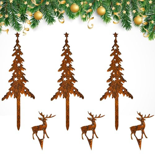 LPAMABA 6er Set Rost Tannenbaum mit Gartenstecker - Hirsch Deko Weihnachtsbaum Lilienburg Rentier Weihnachtsdeko Elch und Tanne zum Stecken aus Edelrost Baumstecker Roststecker Gartendeko