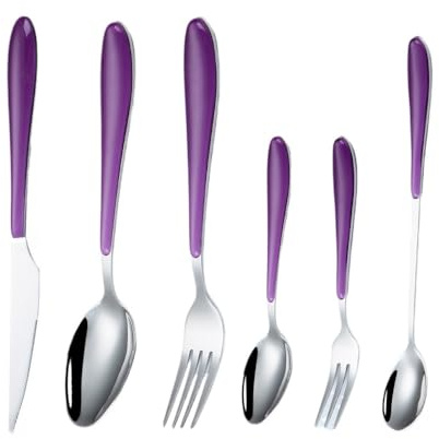 Plastic Clamp Handle Kitchen Stainless Steel Silverware Tableware Flatware Cutlery Set Steak Knife Fork Spoon Teaspoon (Purple,6 pieces)
