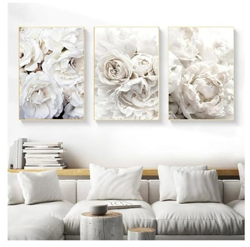 RDRDtbtr Bloom Peony Rose Weiße Blumen Poster und Kunstdrucke Wandbilder Nordische Leinwandbild Wand Bilder für Wohnzimmer Wohnkultur 50x70cmx3 Ungerahmt