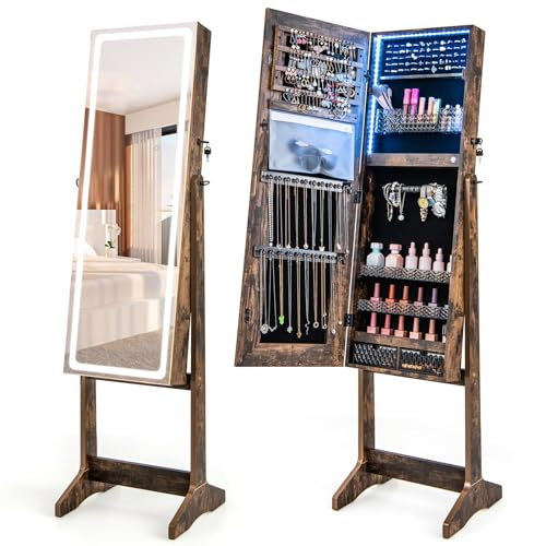Spiegel Mit Schmuckschrank, Stehender Schmuckschrank mit LED-Beleuchtung, Aufbewahrungs-Organizer mit Ganzkörperspiegel, einstellbare Lichtfarben und -temperatur, abschließbarer Schmuckschrank mit 3 N
