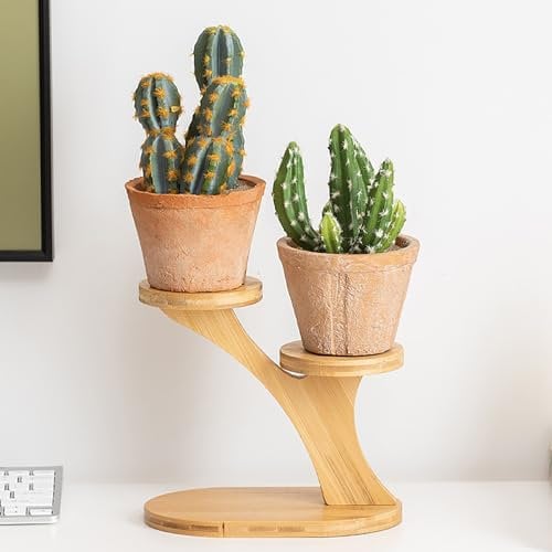 Lxoraziy Mini 2 Niveles Soporte para Plantas de Bambú, Estante de Exhibición de Plantas, Soporte para Macetas Suculentas de Mesa, para Decoración de Alféizar de Ventana de Escritorio en Casa