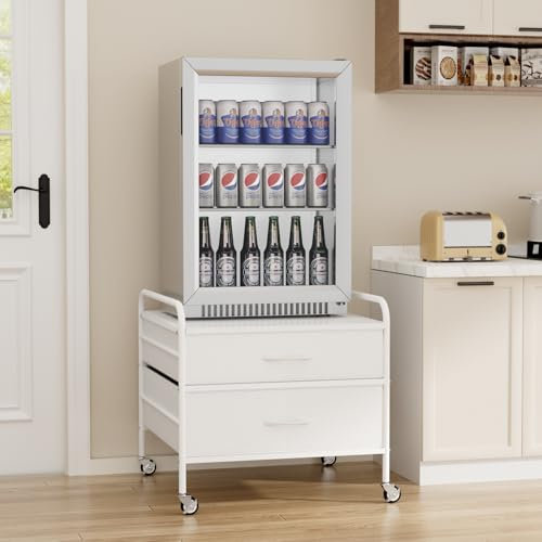 VOWNER Mini Fridge Stand with Storage, Heavy Duty Beverage Refrigerator Stand with 2 Fabric Drawer, Fridge Cart with 4 Lockable Metal Wheels, 220LBS Capacity 22Lx23.6W, for Dorm Apartment Office