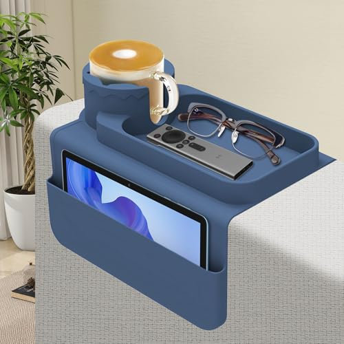 Foyucool Couch Cup Holder, Silicone Sofa Arm Tray, Armchair Tray with Dual Side Pockets, Anti-Spill and Anti-Slip, Large Storage Capacity, for Cup, Phone, Tablet, Remote Control, Snack, Blue