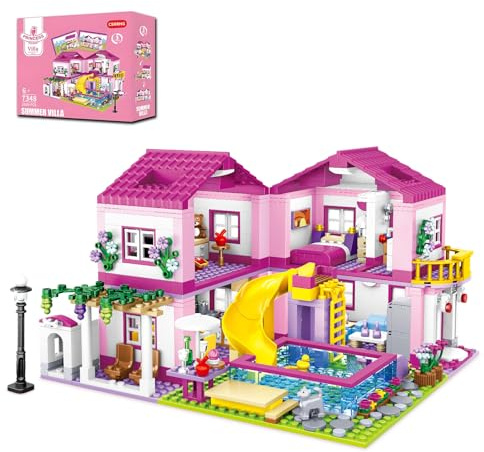 CSNRHG Pink Summer Pool Villa Building Block Set Friends Construction Educational Toy 1018 Pieces Gifts for Girls Teens Kids Adults Ages 6+