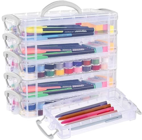 DARUITE Pencil Case with Lid, 6 Tier Plastic Pencil Box with Handle | Stackable, Stationary Box for Pencils, Sewing, Crafts, Ideal for Home, Office, School, Travel, Sturdy, Portable, Clear